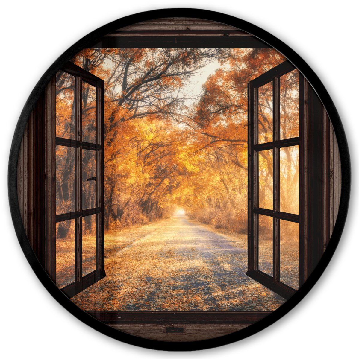 FrameYourWall Poster in lijst Rond - Fotolijst 40x40 cm - Posters - Bos - Herfst - Bomen - Bospad - Natuur - Doorkijk - Ronde posterlijst zwart - Decoratie - Wanddecoratie woonkamer - Muurdecoratie slaapkamer Bruin