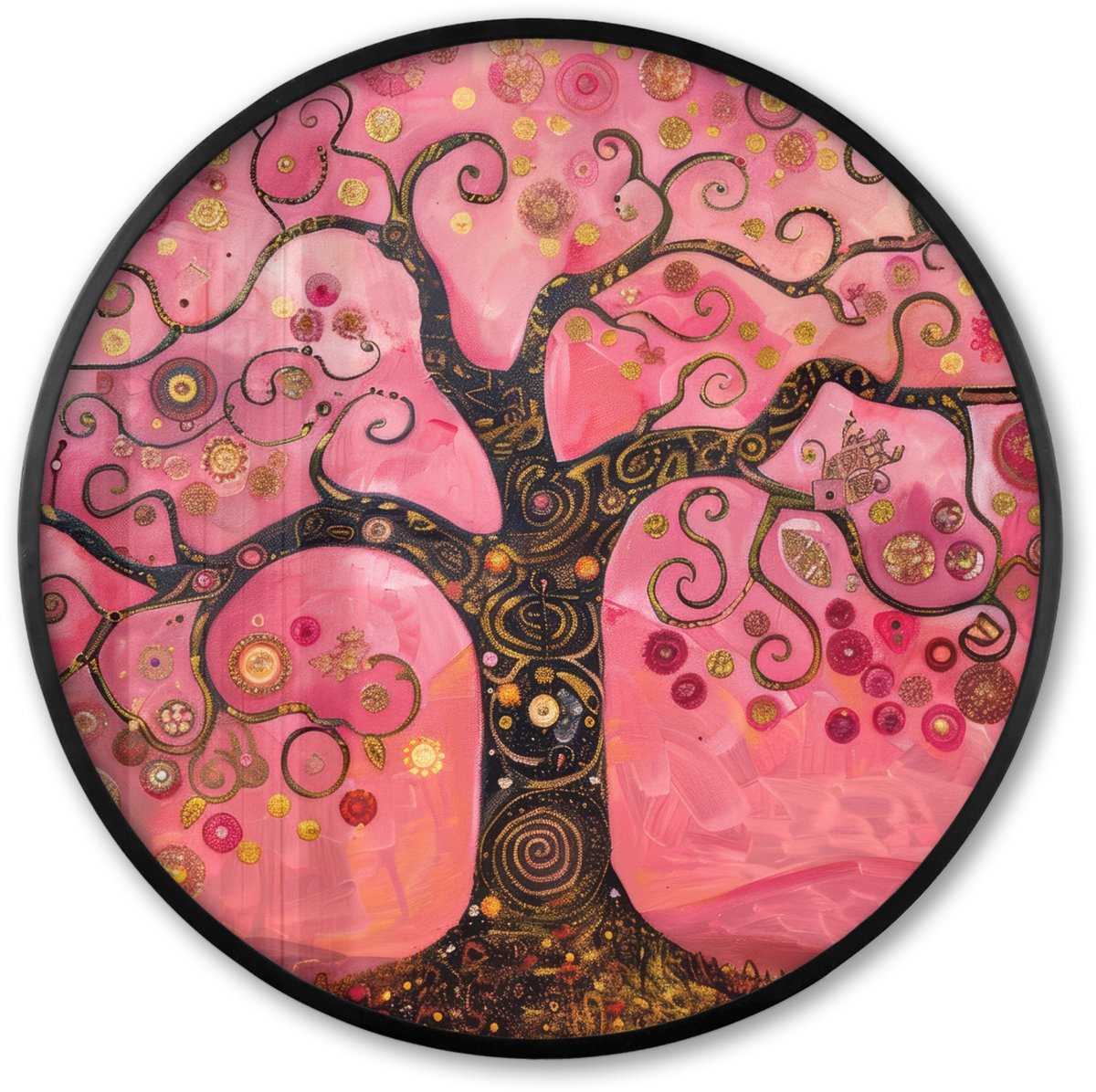 FrameYourWall Poster in lijst Rond - Fotolijst 60x60 cm - Posters - Boom - Levensboom - Roze - Goud - Ronde posterlijst zwart - Decoratie - Wanddecoratie woonkamer - Muurdecoratie slaapkamer