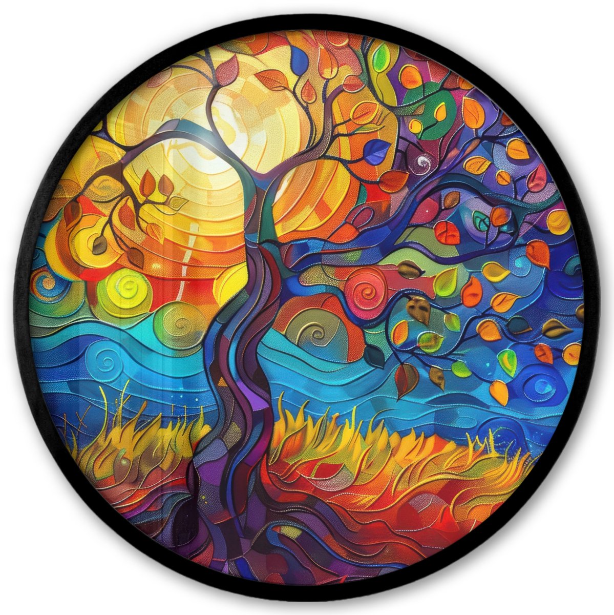 FrameYourWall Poster in lijst Rond - Fotolijst 40x40 cm - Posters - Boom - Zon - Verflook - Kleuren - Abstract - Ronde posterlijst zwart - Decoratie - Wanddecoratie woonkamer - Muurdecoratie slaapkamer Levensboom