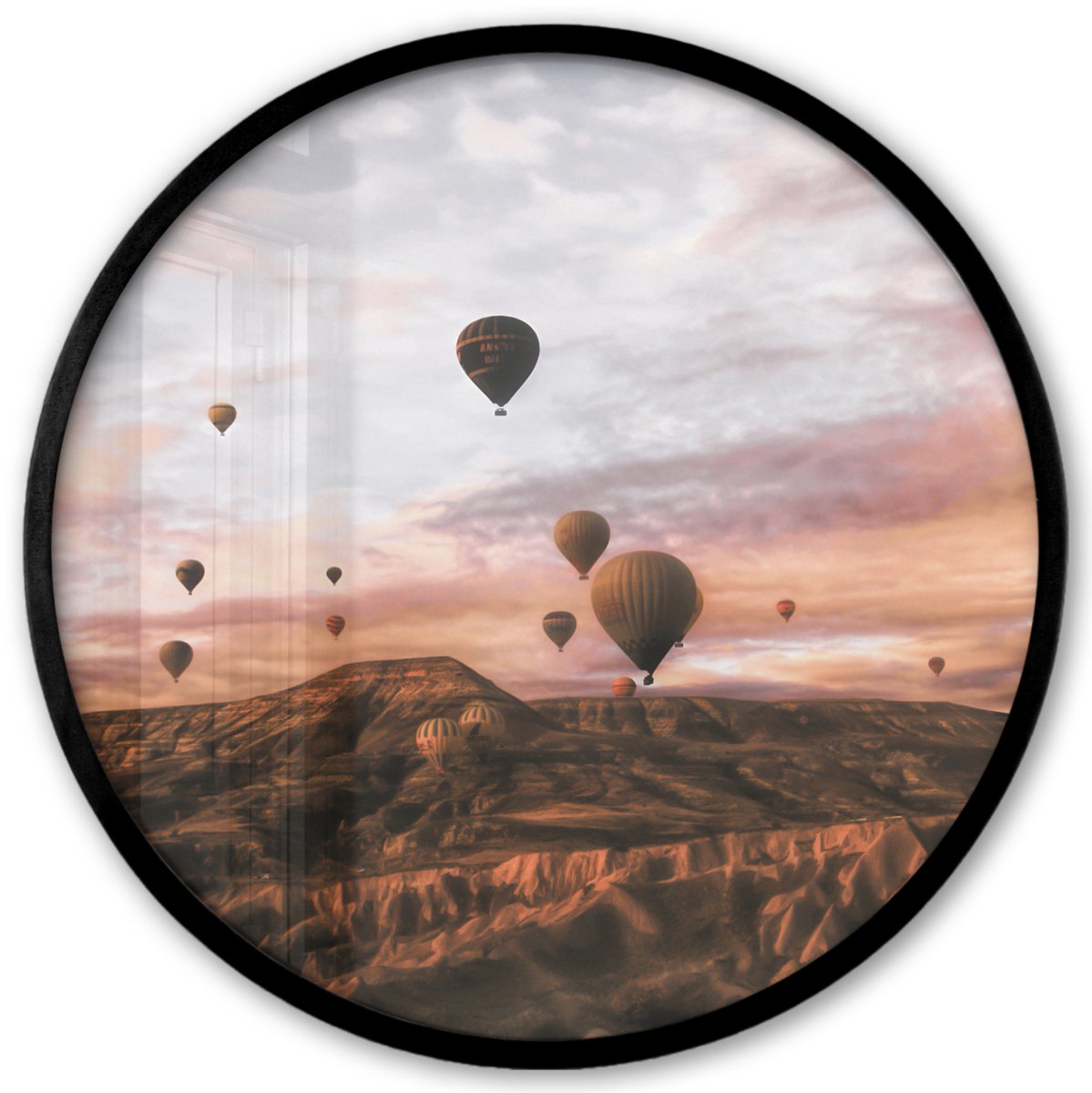 FrameYourWall Poster in lijst Rond - Fotolijst 40x40 cm - Posters - Landschap - Luchtballon - Bergen - Bruin - Ronde posterlijst zwart - Decoratie - Wanddecoratie woonkamer - Muurdecoratie slaapkamer Landschap - Luchtballonnen