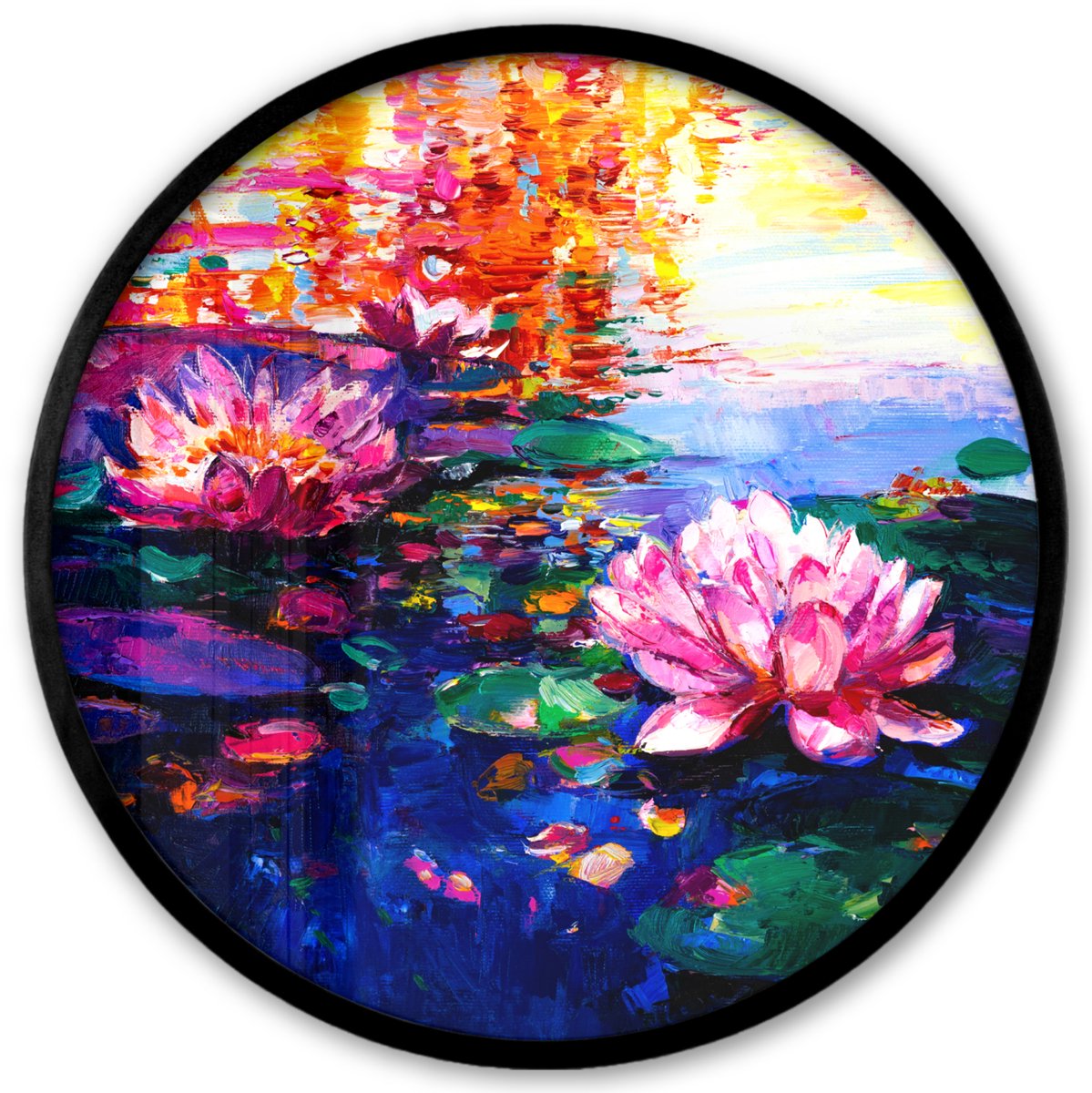 FrameYourWall Poster in lijst Rond - Fotolijst 40x40 cm - Posters - Schilderij - Waterlelie - Olieverf - Water - Ronde posterlijst zwart - Decoratie - Wanddecoratie woonkamer - Muurdecoratie slaapkamer Multicolor
