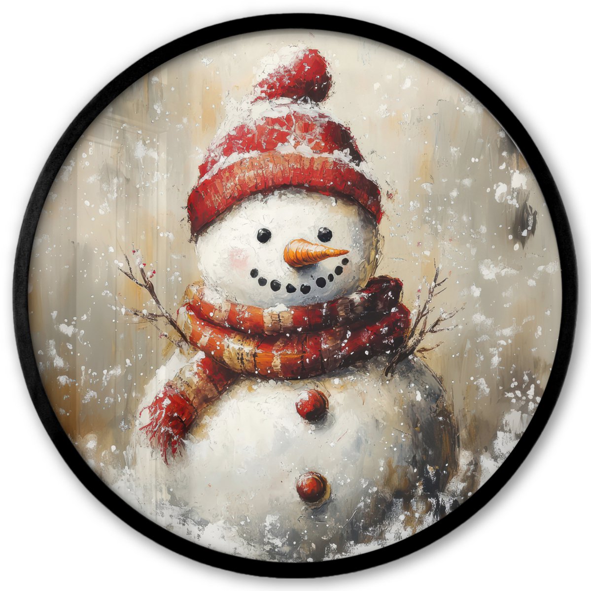 FrameYourWall Poster in lijst Rond - Fotolijst 40x40 cm - Posters - Sneeuwpop - Winter - Sneeuw - Beige - Ronde posterlijst zwart - Decoratie - Wanddecoratie woonkamer - Muurdecoratie slaapkamer
