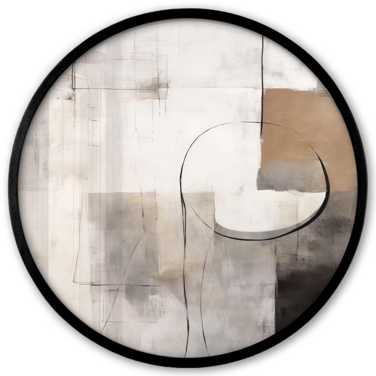FrameYourWall Poster in lijst Rond - Fotolijst 40x40 cm - Posters - Abstracte kunst - Industrieel - Wit - Grijs - Ronde posterlijst zwart - Decoratie - Wanddecoratie woonkamer - Muurdecoratie slaapkamer Beige