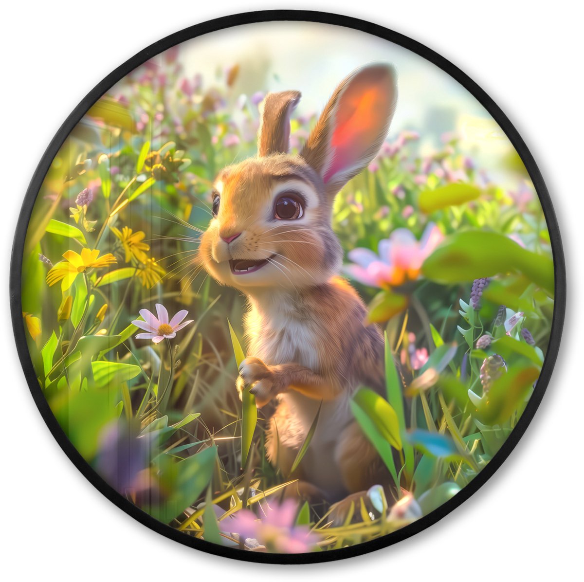 FrameYourWall Poster in lijst Rond - Fotolijst 80x80 cm - Posters - Konijn - Dieren - Natuur - Ronde posterlijst zwart - Decoratie - Wanddecoratie woonkamer - Muurdecoratie slaapkamer
