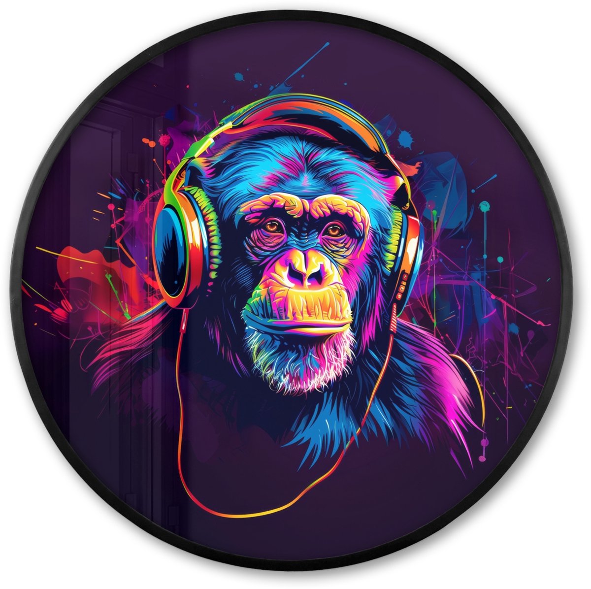 FrameYourWall Poster in lijst Rond - Fotolijst 60x60 cm - Posters - Aap - Koptelefoon - Muziek - Kleurrijk - Ronde posterlijst zwart - Decoratie - Wanddecoratie woonkamer - Muurdecoratie slaapkamer Aap - Neon