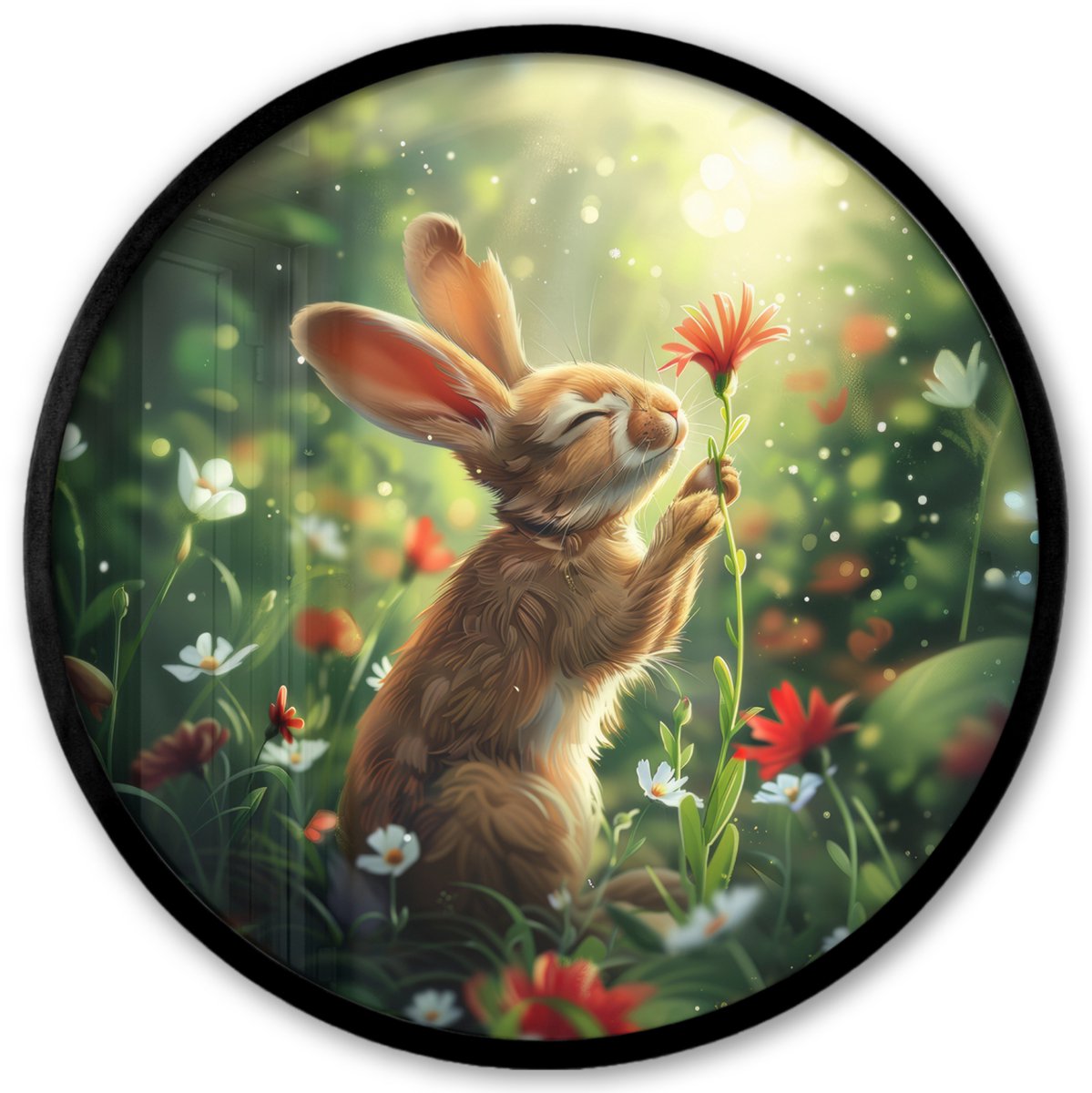 FrameYourWall Poster in lijst Rond - Fotolijst 40x40 cm - Posters - Konijn - Dieren - Bloemen - Natuur - Ronde posterlijst zwart - Decoratie - Wanddecoratie woonkamer - Muurdecoratie slaapkamer Konijntje