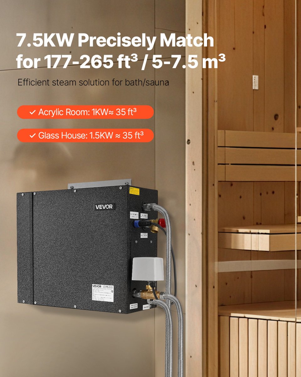 VEVOR Stoomgenerator, 7,5 Kw Stoomgenerator, Stoomdouchesysteem Met Bediening voor Sauna, Bad, Spa, CommerciëLe Automatische Afvoerset Met Oververhittings-, Droogloop- en Overdrukbeveiliging, Zwart — afbeelding 4