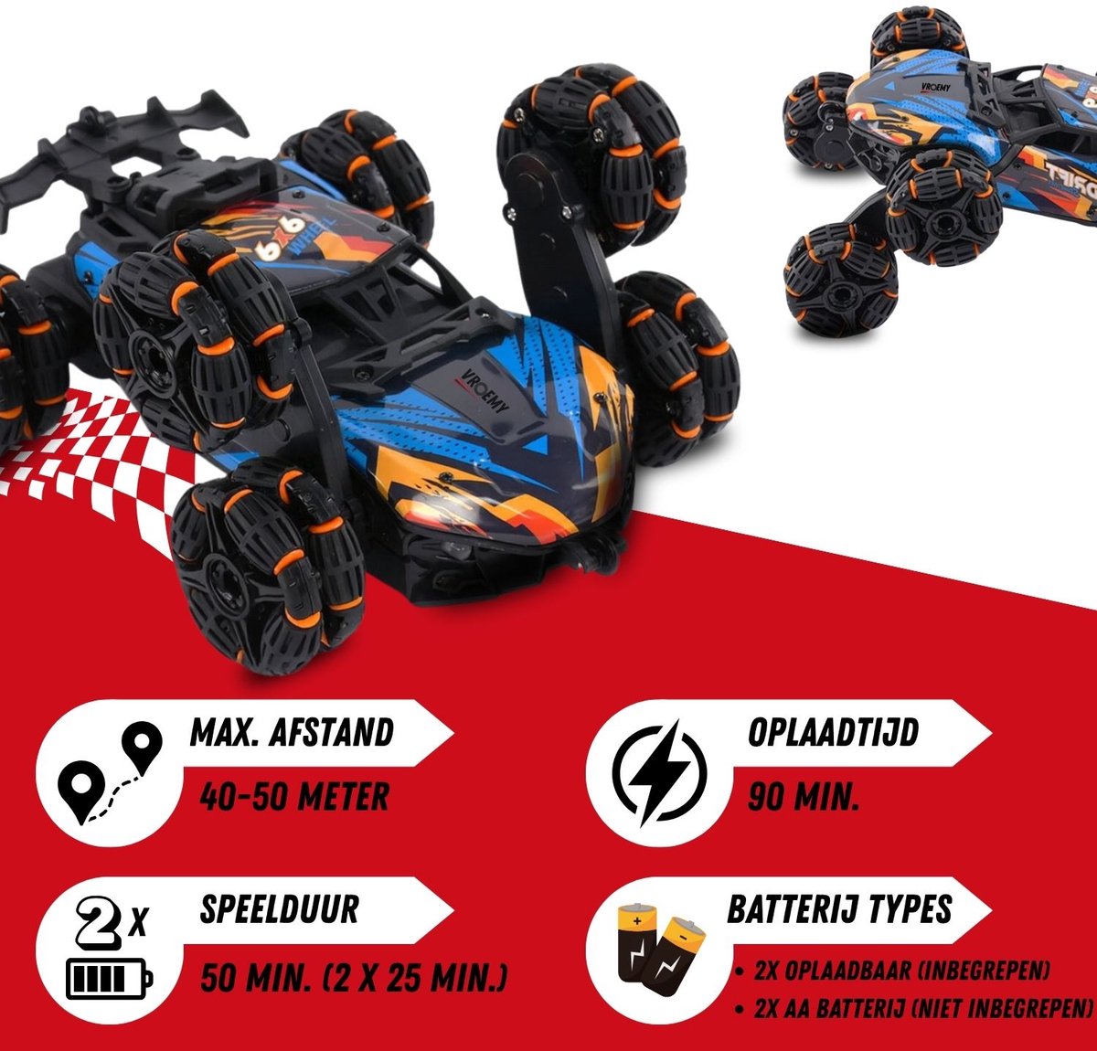 VROEMY TurboTwister Bestuurbare Auto - Stuntauto 6 Wielen - Spray & LED — afbeelding 6