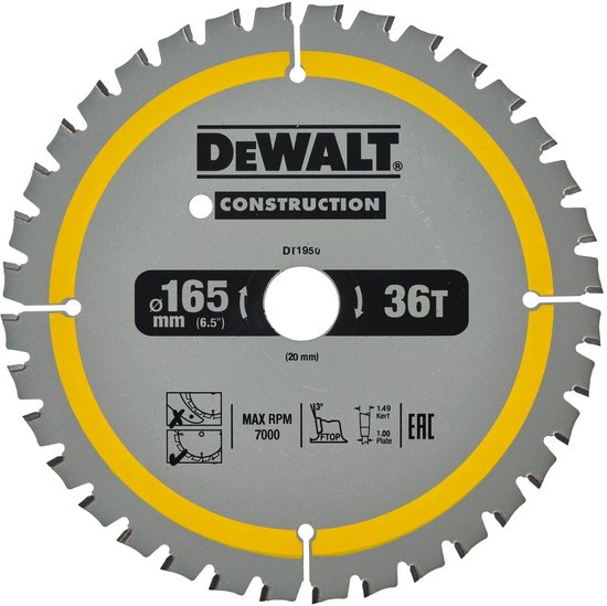 Lame de scie circulaire DeWALT pour bois | Construction | Ø 165mm Trou d'axe 20mm 36T - DT1950-QZ