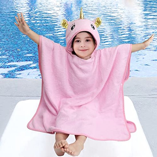 Zachte katoenen poncho voor meisjes - Eenhoorn badhanddoek met capuchon voor zwembad en strand van Merkloos — afbeelding 2