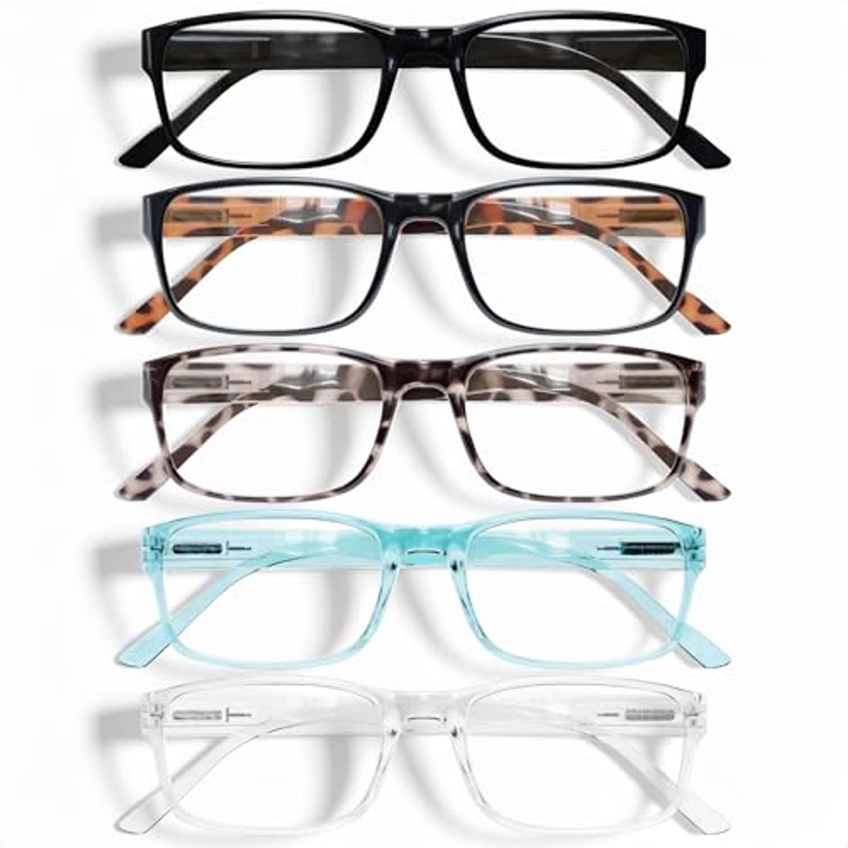 5-Pack Leesbrillen met Blauw Lichtfilter en Veer Horen - Lichtgewicht Anti-glare Optiek voor Mannen en Vrouwen (Mix kleuren, 1.0)