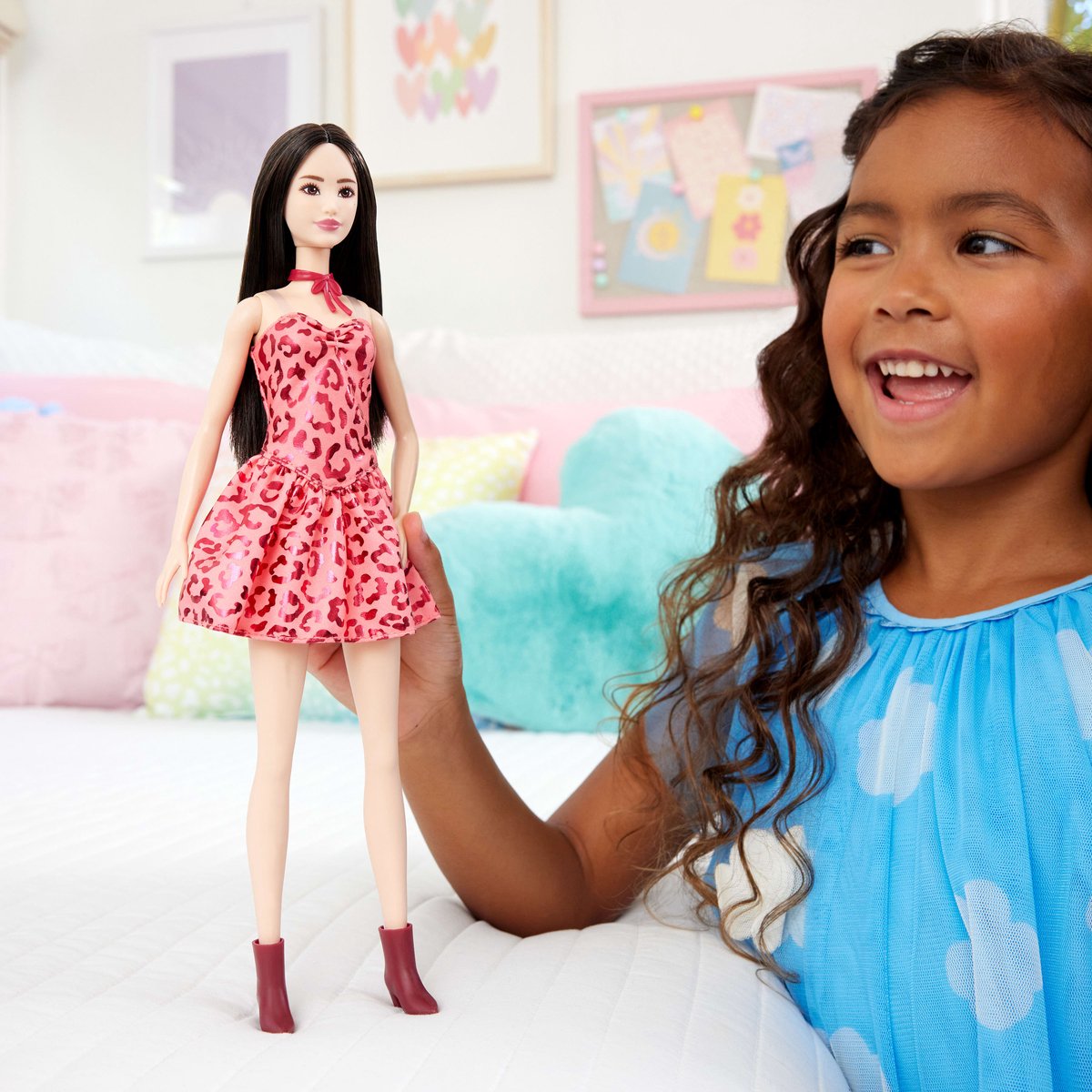 Barbie Fashionistas - Met Roze Jurk en Luipaardprint - Zwart Haar - Modepop — afbeelding 5