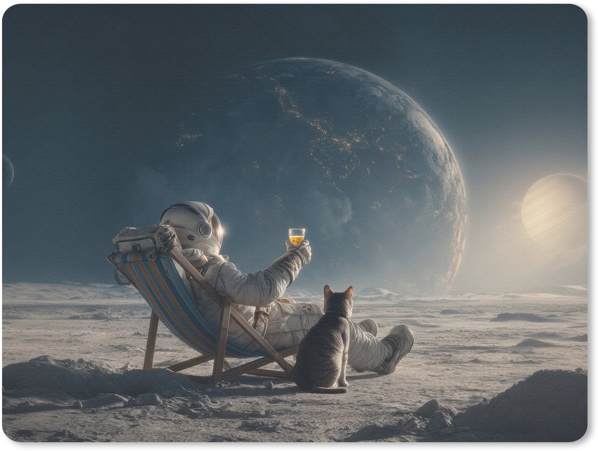 Muismat 23x19 cm - Mousepad Maan - Kat - Astronaut - Ruimte - Muismatten
