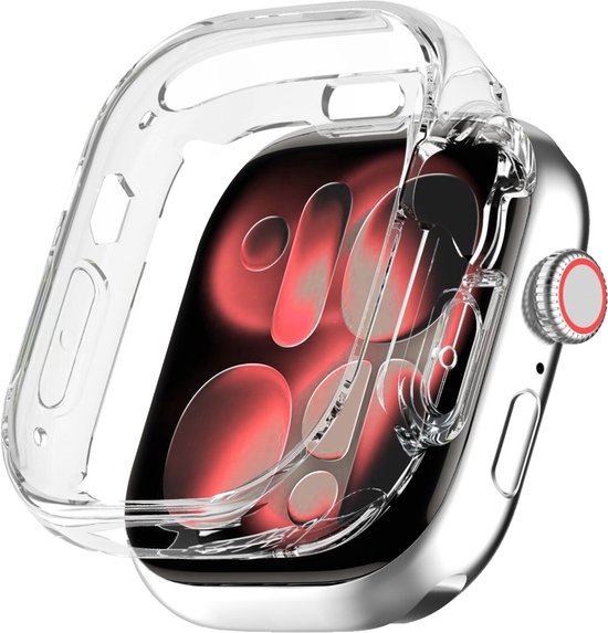 Transparante beschermhoes, losgehaald van een Apple Watch 11 (46 mm) smartwatch.