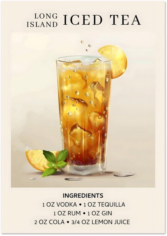Long Island Iced Tea cocktail - Ingrediënten Poster A4 21x29.7 cm - exclusief lijst