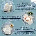 Presentatie van Bixorp cadeauverpakking: een ketting, doosje met personalisatiemogelijkheid en beschermende verpakking.