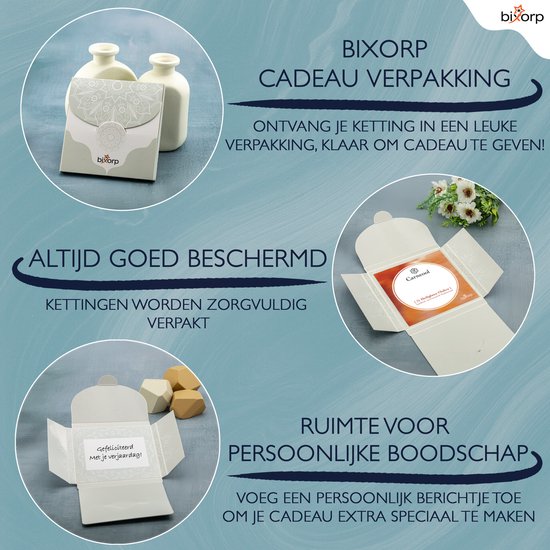 Presentatie van Bixorp cadeauverpakking: een ketting, doosje met personalisatiemogelijkheid en beschermende verpakking.