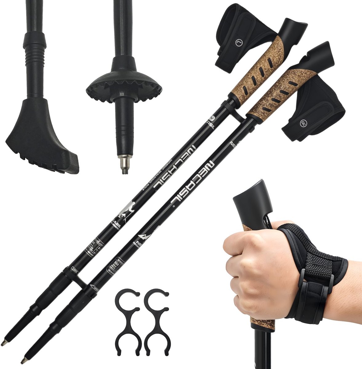 Wandelstokken opvouwbaar 2 stuks Hoogwaardige wandelstokken, verstelbaar 63-135 cm Nordic walking stokken voor mannen en vrouwen, trekkingstokken aluminium wandelstok met afneembare rubberen buffer