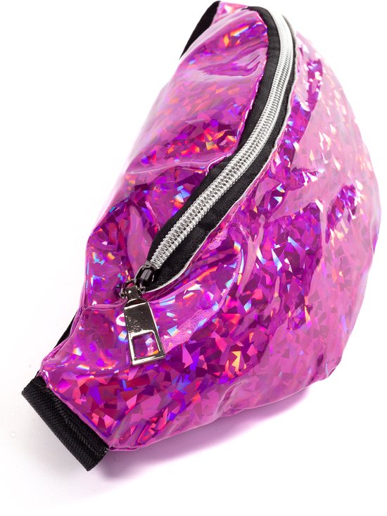 Roze holografisch heuptasje met zilverkleurige rits.