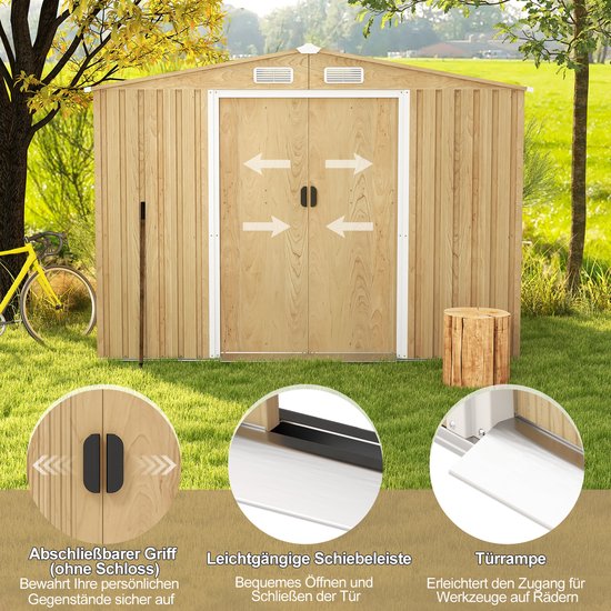 Abri de jardin en métal COSTWAY, verrouillable, avec fondations, abri de jardin avec 4 fentes d'aération, porte coulissante et rampe, abri de jardin, abri en métal, abri de jardin, naturel (259 x 196 x 184 cm)