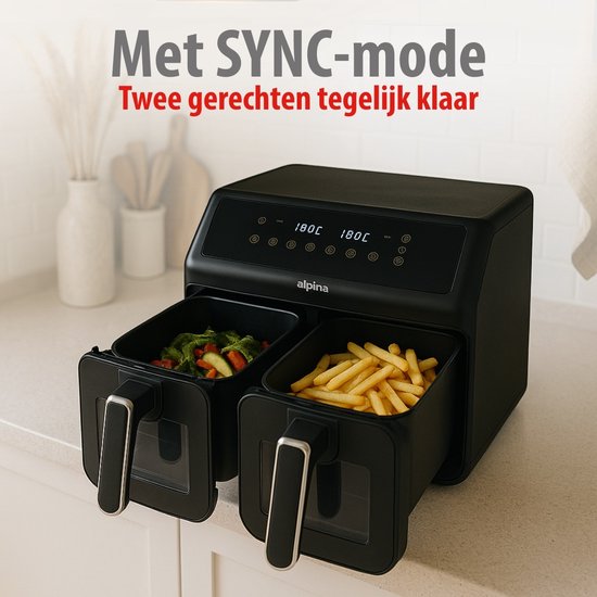 Alpina Dubbele Airfryer 8L Heteluchtfriteuse Met Digitaal Display Air Fryer Timer En Temperatuur 60 Tot 200 Duo Xxl 8 Kookprogramma S Kijkvensters Zwart 1471071718