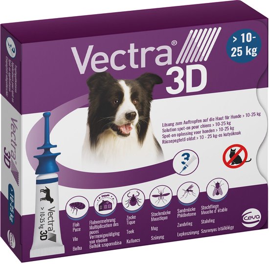 Vectra 3D verpakking voor honden van 10-25 kg met een zwart-witte border collie.