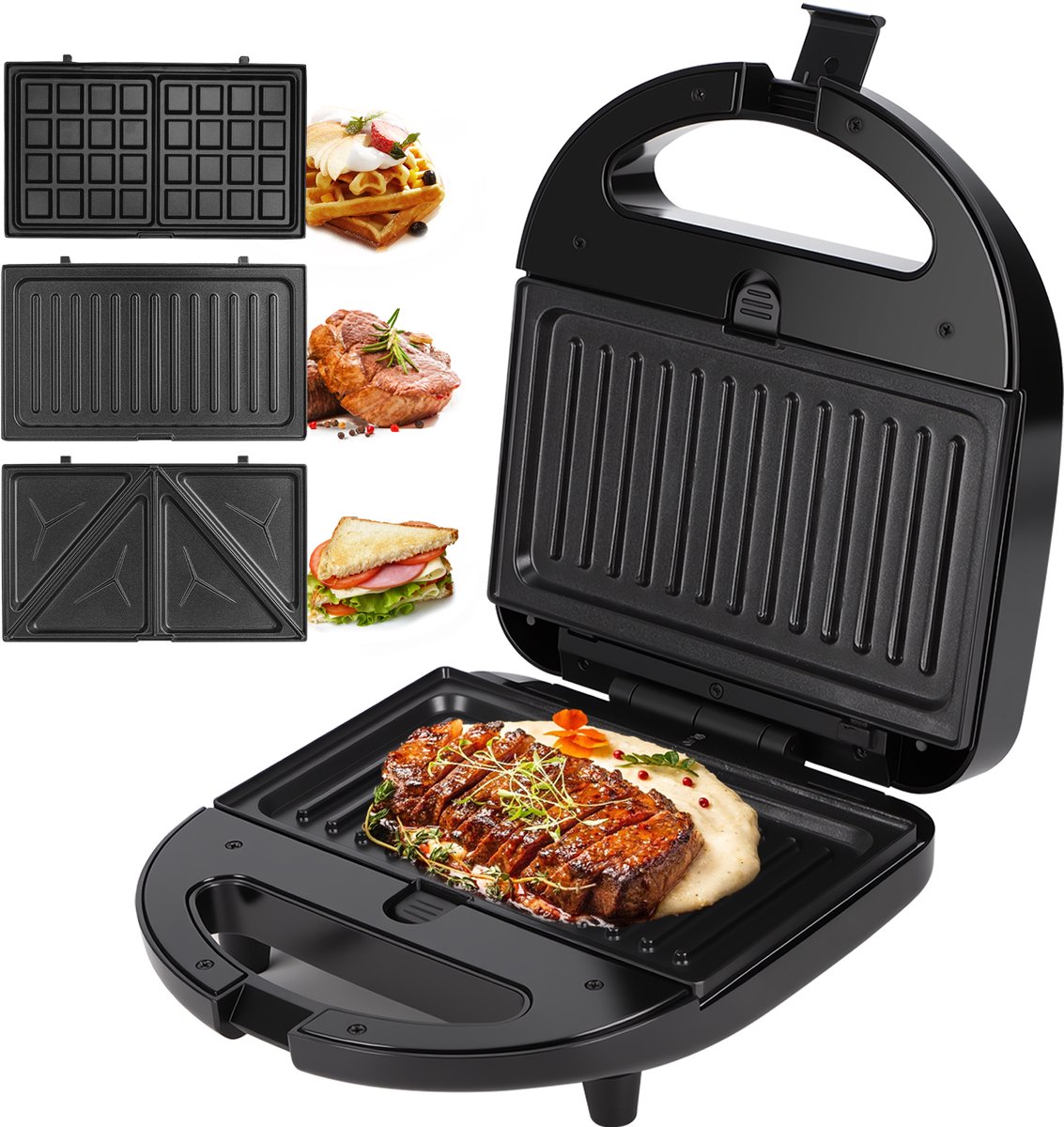 Bol.com Aigostar Contactgrill - Wafelijzer - Tosti Apparaat - Tosti ijzer - 3 in 1 Contactgrill - 750W - Zwart aanbieding