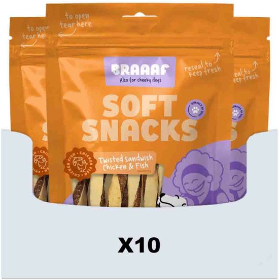 Braaaf Twisted Sandwich Hondensnack Kip - Vis - 10 x 85 gr - Voordeelverpakking