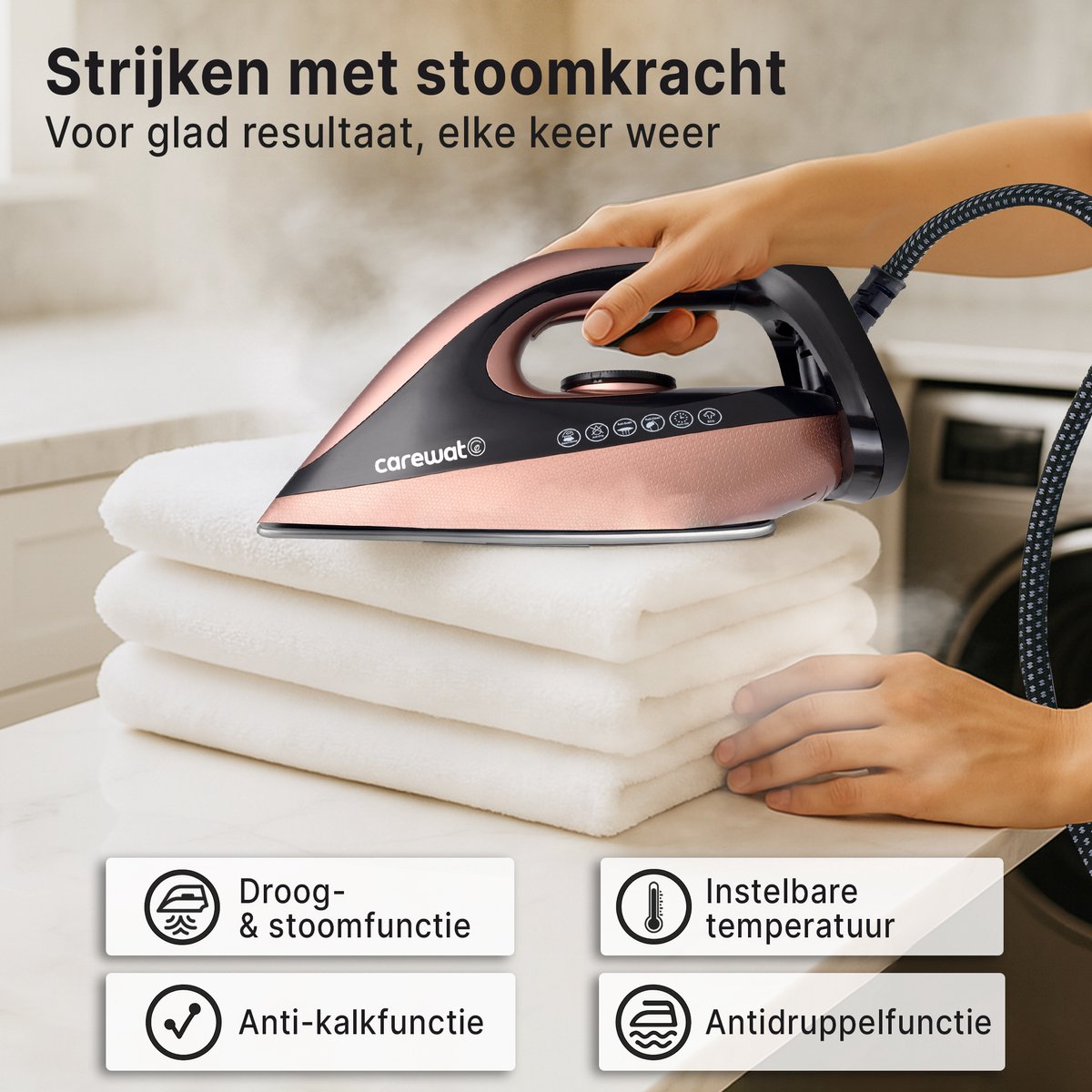 Carewat Stoomstrijkijzer met Stoomgenerator - Goud - 2200W - 1.5L Uitneembare Watertank - 100 g/min Stoomproductie - Keramische Zoolplaat - 3.0 Bar Stoomdruk - Anti-Oververhitting - Geschikt voor alle stoffen — afbeelding 7
