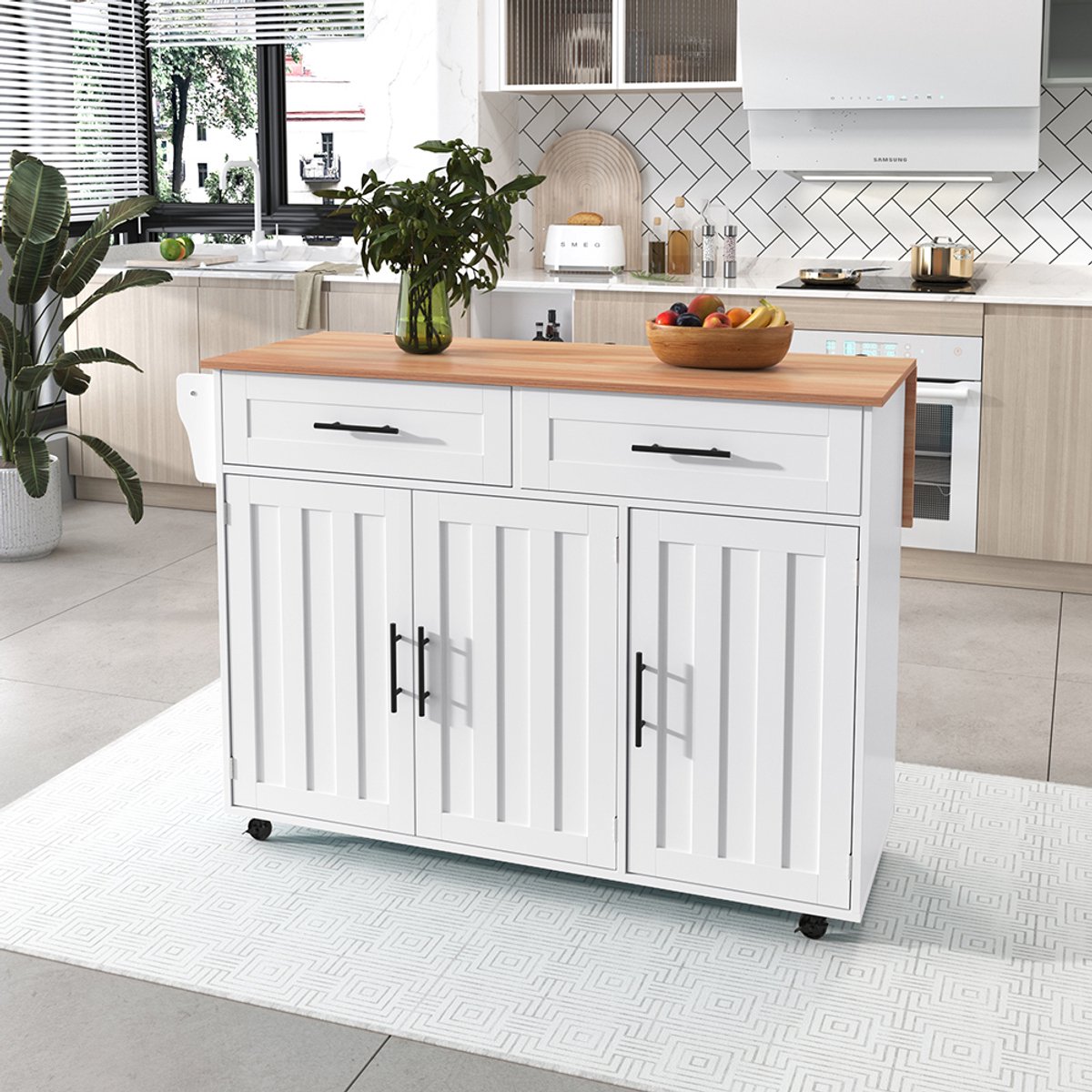 BLACKCOLORS 129*46(71)*91,5 cm Eetkamerwagen/buffet met neerklapbaar blad, binnenplanken in de kastdeuren, keukeneiland op 5 wieltjes met opbergkasten en 2 lades, voor de eetkamer, wit