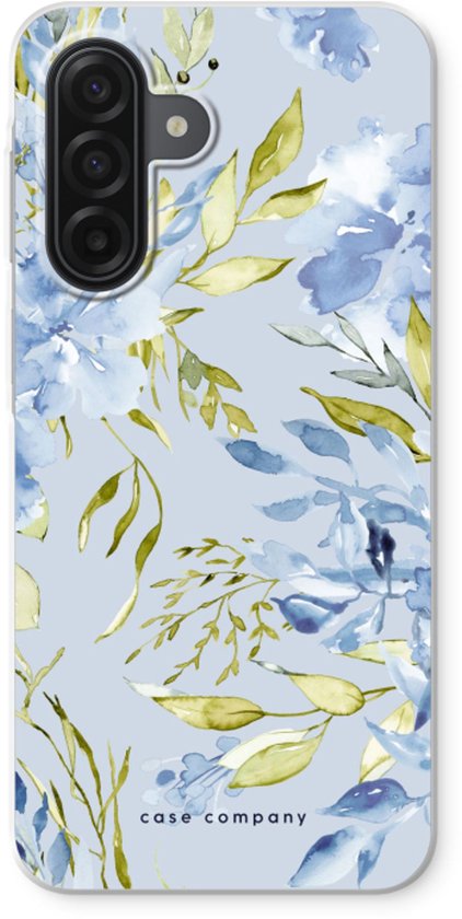 Lichtgrijs telefoonhoesje met aquarelprint van blauwe bloemen en groene bladeren.