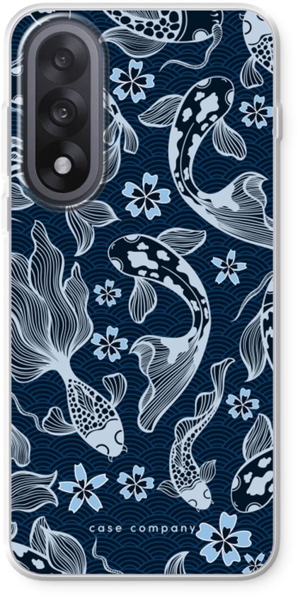 Donkerblauwe telefoonhoes met een patroon van witte koikarpers en bloesems.