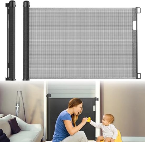 UISEBRT Deurbeschermingshek, roll, trapbeschermingsrooster, uittrekbaar, 0-180 cm, afsluitrooster, hond, deurrooster voor baby's en huisdieren, zwart