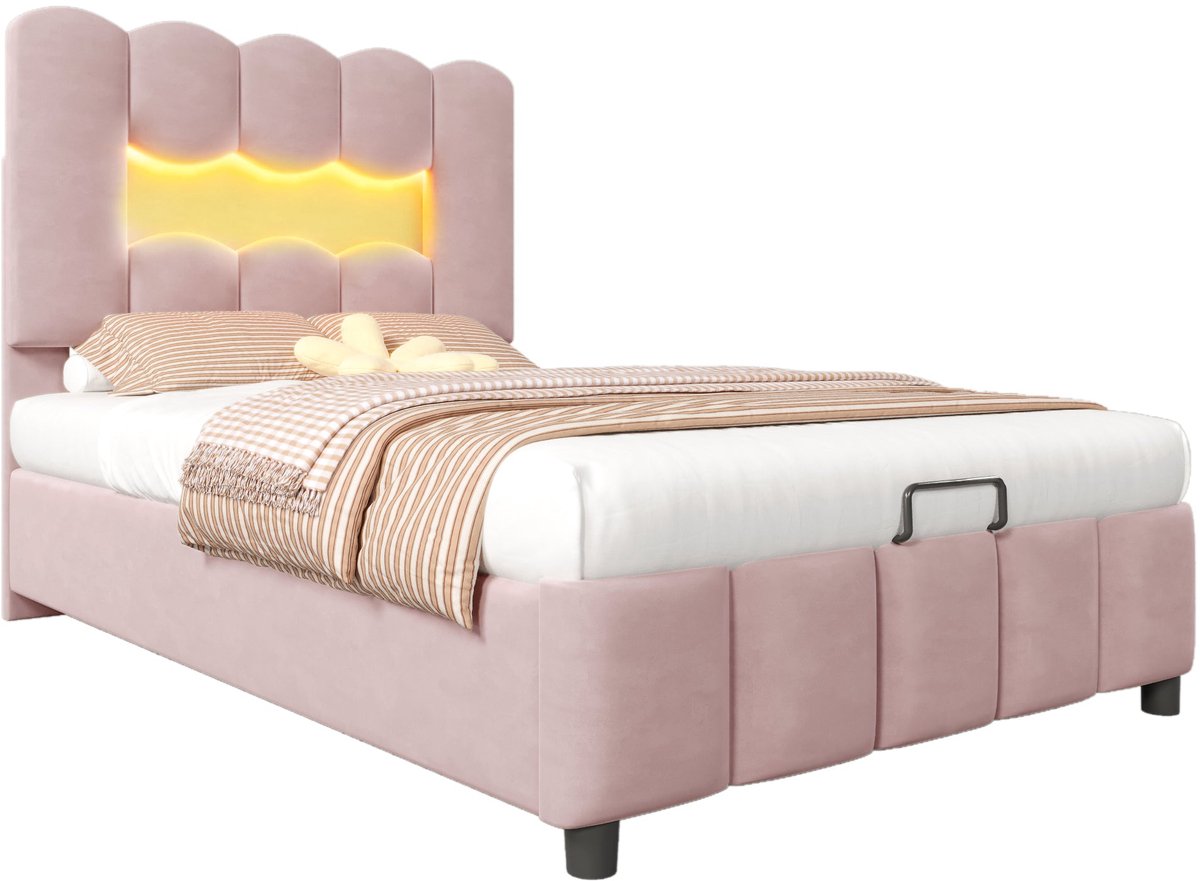 Merax Gestoffeerd Bed 90x200 cm - Zonder Matras - LED Verlichting met Afstandsbediening - Hydraulisch Systeem - Verstelbaar Hoofdbord - Fluwelen Stof - Roze