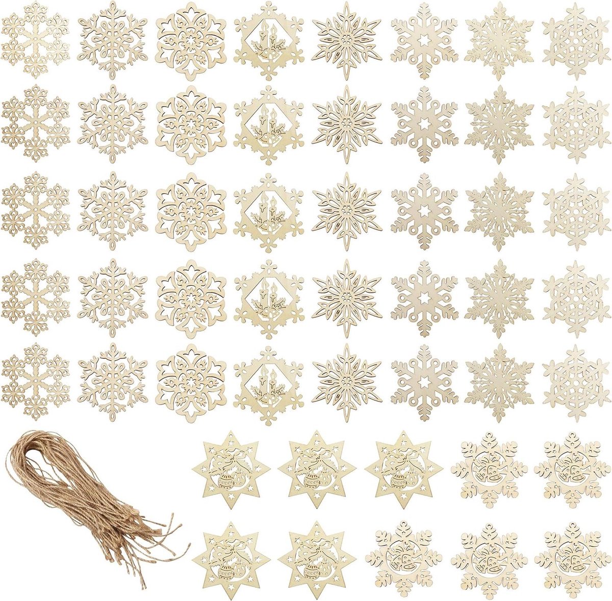 Orivio - Houten kerstdecoraties 50 stuks 8 x 8 cm 10 ontwerpen x 5 stuks DIY ambachtelijke kerstboomdecoratie.