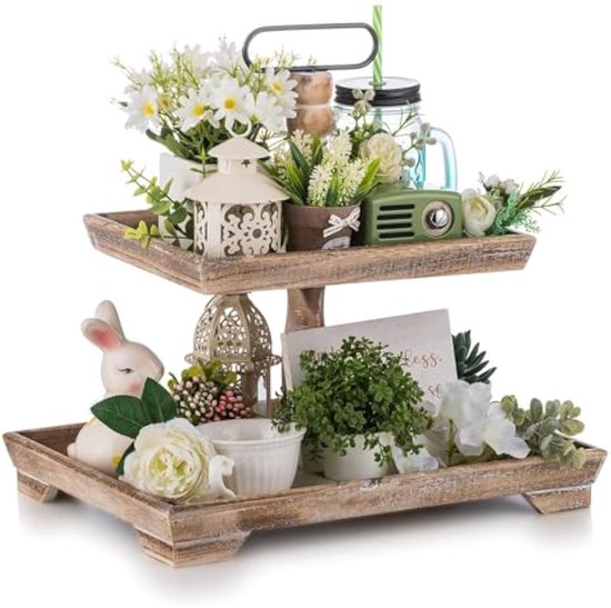 Présentoir à plateaux à étages style ferme : Plateau de service rustique en bois à 2 niveaux, deux plateaux rectangulaires en bois pour la cuisine, le comptoir, le coin café, Pasen, l’ automne, Halloween, Thanksgiving et Noël.