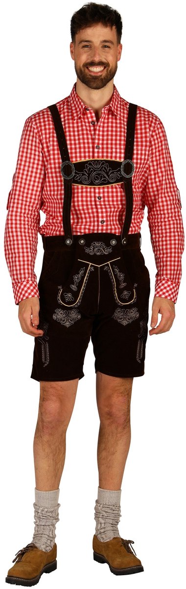 Oktoberfest Lederhosen - Jonas - Velvet - Kort Model Donkerbruin - Maat 64 - 6XL