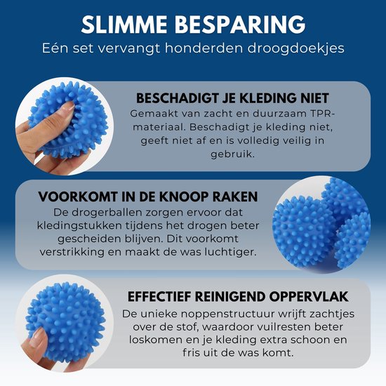 Boules de séchage bleues et hérissées; une à la main, plusieurs dans un bol, et un gros plan des picots.