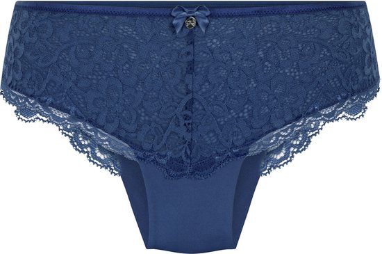 Slip brésilien bleu marine avec avant en dentelle, petit nœud et boutons.