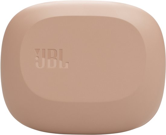 Beige JBL oplaadcase met reliëf logo.