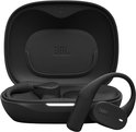 Écouteurs JBL Sense Lite noirs avec crochets d'oreille, un hors du boîtier de charge ouvert.