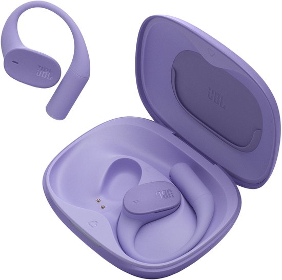 Paarse oplaadcase met geopende deksel, waarin twee JBL Sense Lite oordopjes liggen.