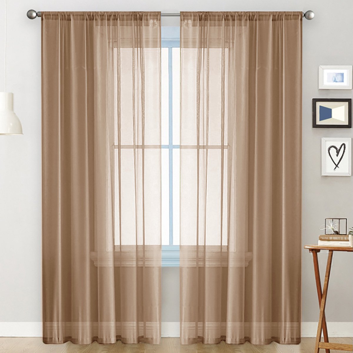 Set van 2 semi-transparante ringgordijnen voor slaapkamer, woonkamer, huis, 132 x 241 cm,Donkerbruin
