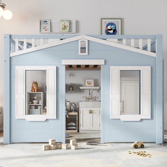 Lit mezzanine, lit enfant, espace sous le lit pour un ameublement flexible, belle décoration de fenêtre, échelle sûre et stable, pin + MDF + contreplaqué, bleu, 90x200cm