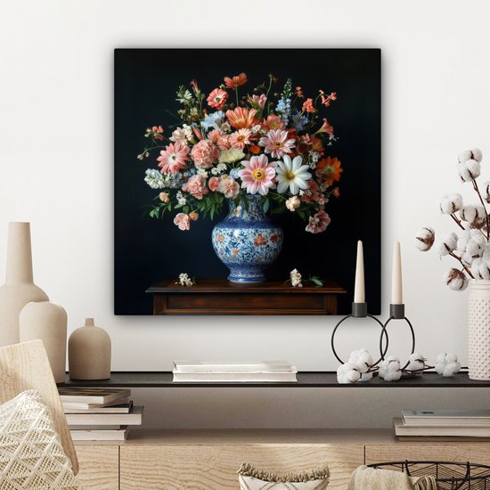 Tableau sur toile 50x50 cm - Décoration murale exclusive Bois - Vase - Couleurs - Fleurs - Décoration murale salon - Décoration chambre - Accessoires chambre - Peintures sur toile