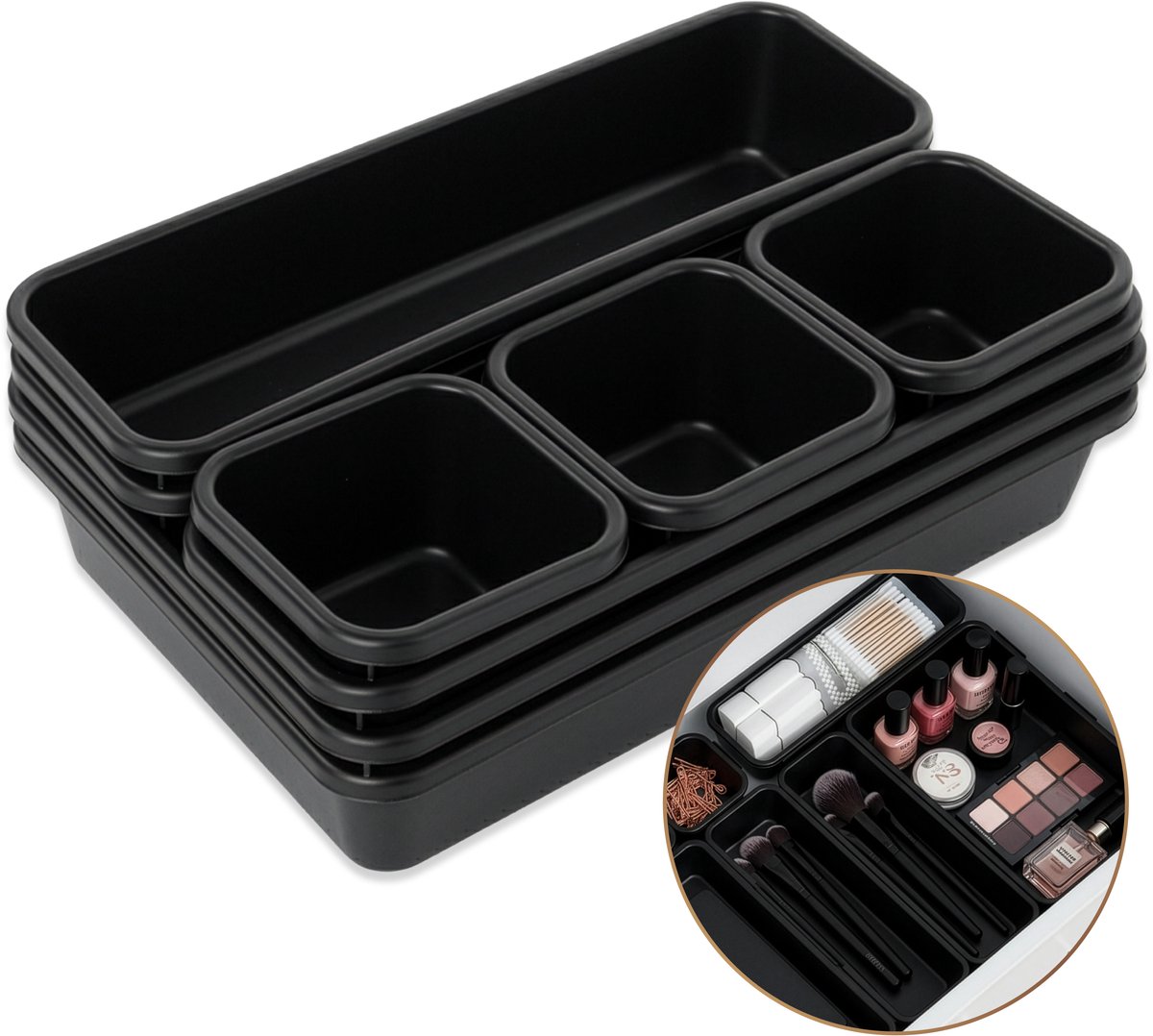 DIVERZA Lade Organizers – 8-delige set – Opbergbakjes voor Keuken, Bureau, Badkamer & Slaapkamer – Ladeverdelers – Modulair en Stevig – Zwart