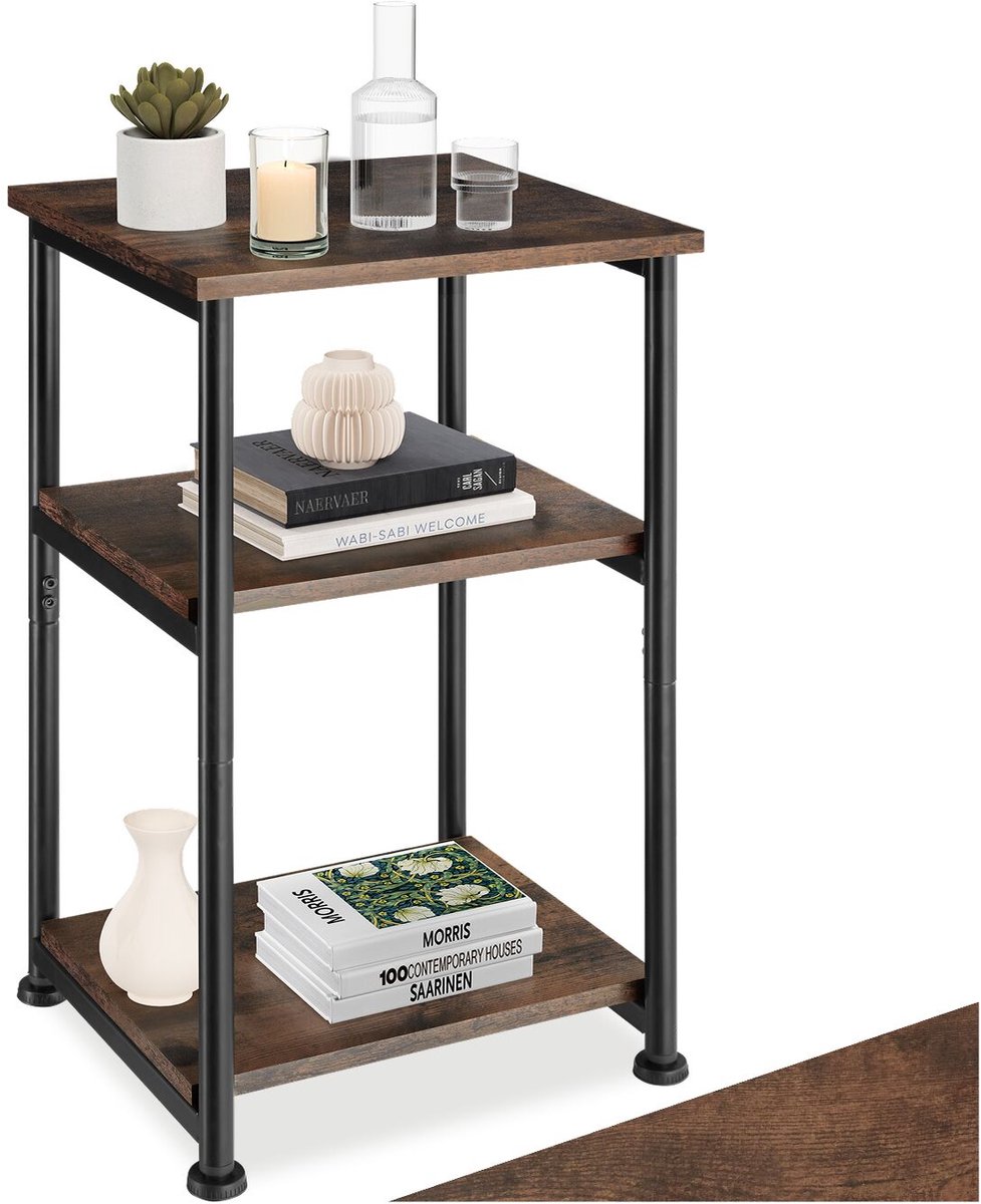 Tectake Bijzettafel met 3 niveaus van hout - Nachtkastje in industrieel design - Voor woonkamer, slaapkamer, kantoor, hal - Zwart metalen frame - Afmeting (LxBxH) 34 x 30 x 59 cm - Donkerbruin