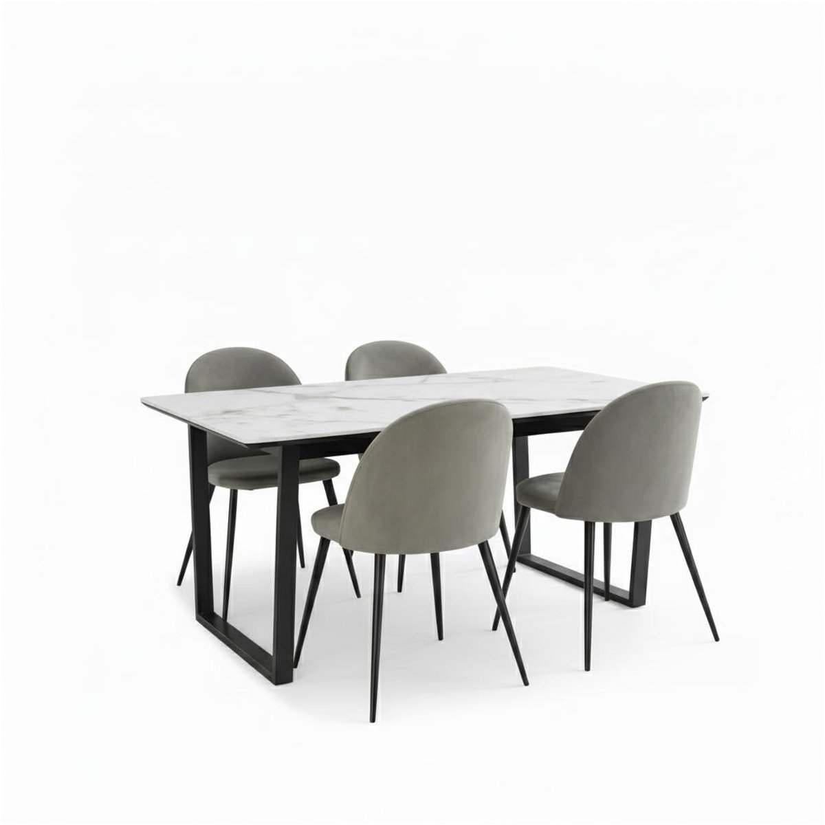 Tilst eethoek eettafel wit marmerprint 90x160 4 stoelen velours grijs.