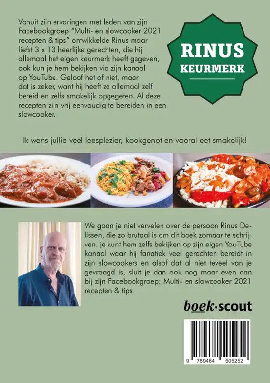 Boekomslag met drie stoofschotels, een man en de tekst "Rinus Keurmerk".