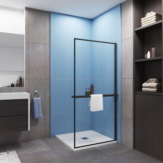 Choix idéal pour la salle de bains - Douche à l'italienne 80x200 cm - Verre Easy Clean 8 mm avec sérigraphie noire - Plateau - Noir mat